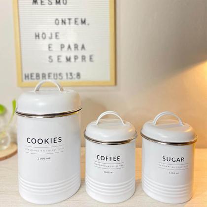 Conjunto 3 Latas Decorativas Cozinha Porta Café Açúcar e Biscoitos