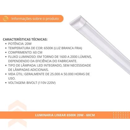 Imagem de Conjunto 3 Luminárias Lineares 20W 6500K 60Cm Branco Frio