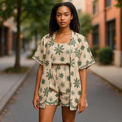 Imagem de Conjunto 3 Peças Estampado Floral Bege Areia Cropped Alças + Shorts + Camisa Kimono - Portal Modas