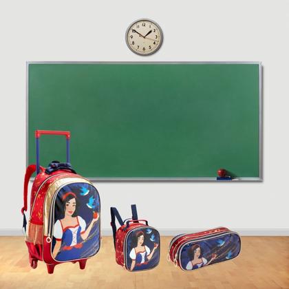 Imagem de Conjunto 3 Peças Material Escolar Princesa Mochila de Rodinhas + Lancheira Térmica + Estojo Porta Caneta Giz Lápis Menina Criança Aulas Resistente