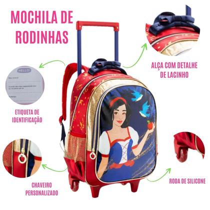 Imagem de Conjunto 3 Peças Material Escolar Princesa Mochila de Rodinhas + Lancheira Térmica + Estojo Porta Caneta Giz Lápis Menina Criança Aulas Resistente