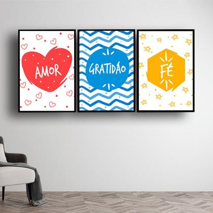 Imagem de Conjunto 3 Peças Quadros Decorativos Alta Resolução Amor, Fé Gratidão Frases Motivacionais Kit Quadrinhos Decorativos Decoração Cozinha Sala Quarto