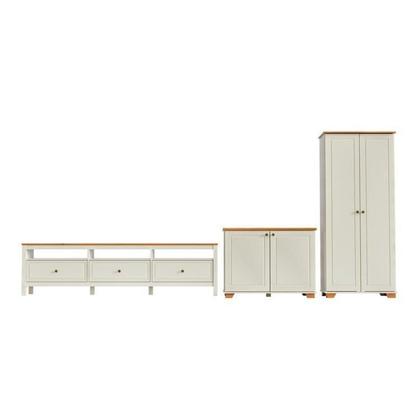 Imagem de Conjunto 3 Peças Rack 210cm, Armário e 1 Balcão Madeira Maciça Ananda CabeCasa MadeiraOriginals Branco Off White/Mel Off White/Mel