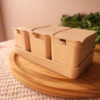 Imagem de Conjunto 3 Porta Temperos de Bambu e PP com Colher e Bandeja Lines Bege 10cm x 18cm x 7cm 5209 Lyor