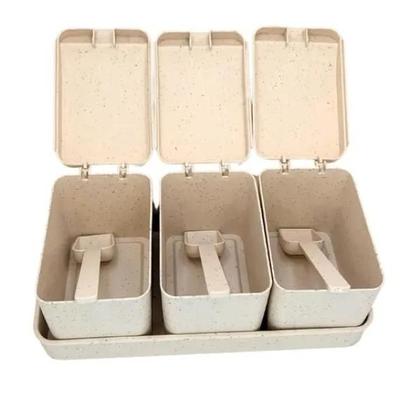 Imagem de Conjunto 3 Porta Temperos de Bambu e PP com Colher e Bandeja Lines Bege 10cm x 18cm x 7cm 5209 Lyor