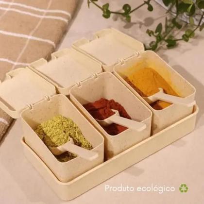 Imagem de Conjunto 3 Porta Temperos de Bambu e PP com Colher e Bandeja Lines Bege 10cm x 18cm x 7cm 5209 Lyor