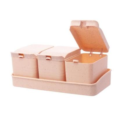 Imagem de Conjunto 3 Porta Temperos de Bambu e PP com Colher e Bandeja Lines Bege 10cm x 18cm x 7cm 5209 Lyor