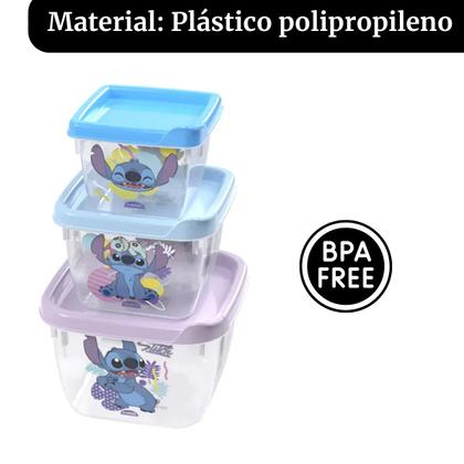 Imagem de Conjunto 3 Pote Mantimentos Quadrados Para Lancheira Conect Personagem Stitch Bpa Free Plasutil