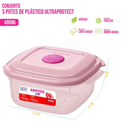 Imagem de Conjunto 3 Potes de Plástico 480ml UltraProtect Proteção e praticidade BPA FREE Pode ir ao Micro-ondas Freezer Lava-louça