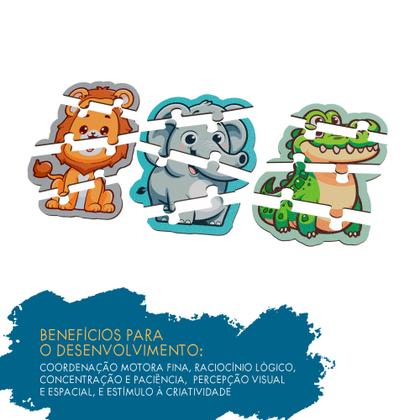 Imagem de Conjunto 3 Quebracabeça 4 Peças Infantil Animais Em Mdf