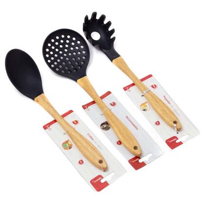 Imagem de Conjunto 3 Utensílios De Cozinha Silicone  Cabo Madeira Preto