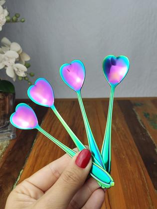 Imagem de Conjunto 4 Colheres sobremesa Rainbow Heart em Aço Inox