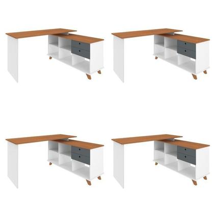 Imagem de Conjunto 4 Escrivaninhas Retrô em L para Escritório e Home Office com 2 Gavetas e 5 Nichos Gold