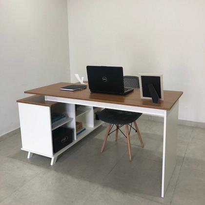 Imagem de Conjunto 4 Escrivaninhas Retrô em L para Escritório e Home Office com 2 Gavetas e 5 Nichos Gold