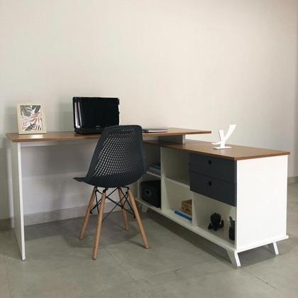 Imagem de Conjunto 4 Escrivaninhas Retrô em L para Escritório e Home Office com 2 Gavetas e 5 Nichos Gold