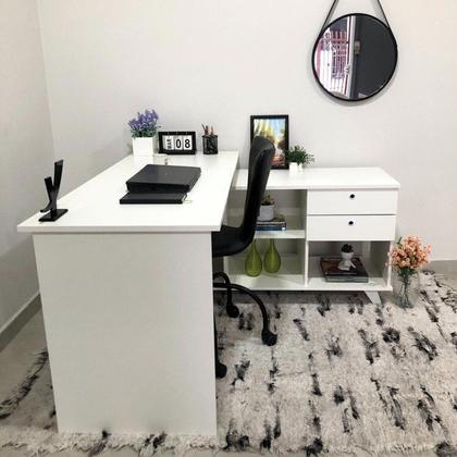 Imagem de Conjunto 4 Escrivaninhas Retrô em L para Escritório e Home Office com 2 Gavetas e 5 Nichos Gold