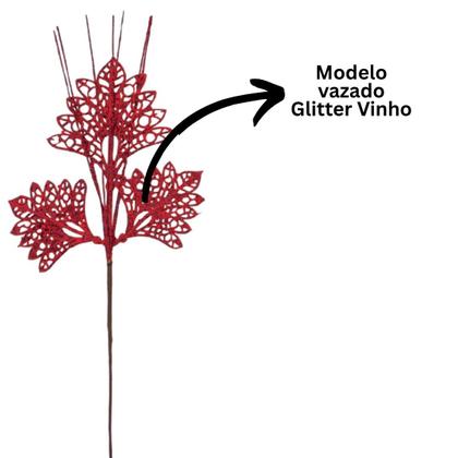 Imagem de Conjunto 4 Galhos Natalinos Folhagem Decorativa Glitter Vinho 30cm - Magizi