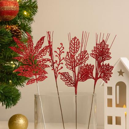 Imagem de Conjunto 4 Galhos Natalinos Folhagem Decorativa Glitter Vinho 30cm - Magizi