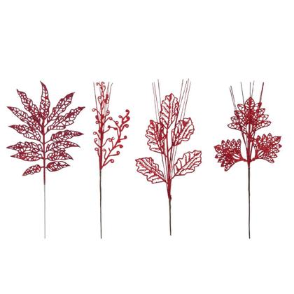 Imagem de Conjunto 4 Galhos Natalinos Folhagem Decorativa Glitter Vinho 30cm - Magizi
