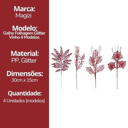 Imagem de Conjunto 4 Galhos Natalinos Folhagem Decorativa Glitter Vinho 30cm - Magizi