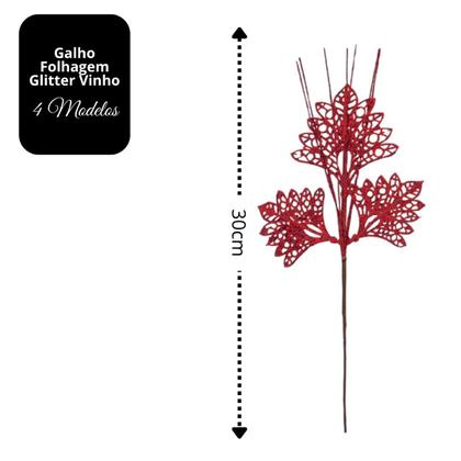 Imagem de Conjunto 4 Galhos Natalinos Folhagem Decorativa Glitter Vinho 30cm - Magizi