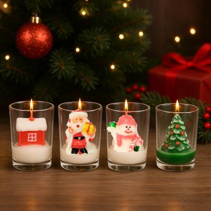 Imagem de Conjunto 4 Mini Velas Natalinas Decorativas 3D com Castiçal Vidro Papai Noel, Boneco de Neve, Pinheiro e Casa