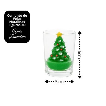 Imagem de Conjunto 4 Mini Velas Natalinas Decorativas 3D com Castiçal Vidro Papai Noel, Boneco de Neve, Pinheiro e Casa