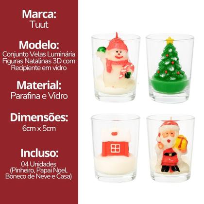 Imagem de Conjunto 4 Mini Velas Natalinas Decorativas 3D com Castiçal Vidro Papai Noel, Boneco de Neve, Pinheiro e Casa