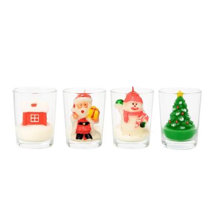 Imagem de Conjunto 4 Mini Velas Natalinas Decorativas 3D com Castiçal Vidro Papai Noel, Boneco de Neve, Pinheiro e Casa
