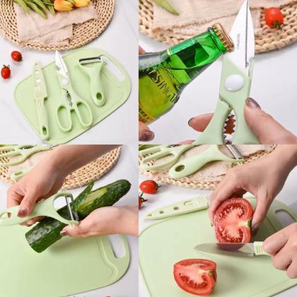 Imagem de Conjunto 4 Pçs Sortido Utensílios de Cozinha Inox Tesoura Descascador Faca Tabua Frutas Verduras Legumes Abridor de Garrafas Quebra Nozes Castanhas