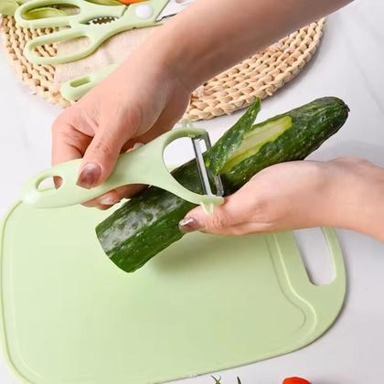 Imagem de Conjunto 4 Pçs Sortido Utensílios de Cozinha Inox Tesoura Descascador Faca Tabua Frutas Verduras Legumes Abridor de Garrafas Quebra Nozes Castanhas