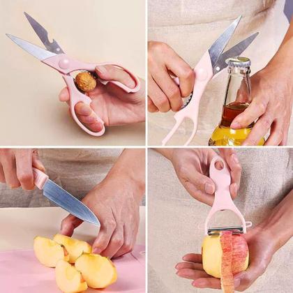 Imagem de Conjunto 4 Pçs Sortido Utensílios de Cozinha Inox Tesoura Descascador Faca Tabua Frutas Verduras Legumes Abridor de Garrafas Quebra Nozes Castanhas