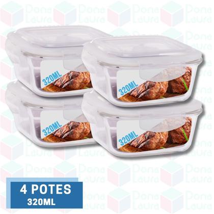 Imagem de Conjunto 4 Pote Vidro Hermético Marmita Tampa Plástico 320ml