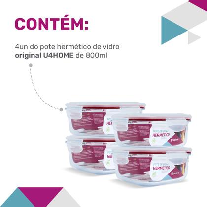 Imagem de Conjunto 4 Pote Vidro Hermético Marmita Tampa Plástico 800ml