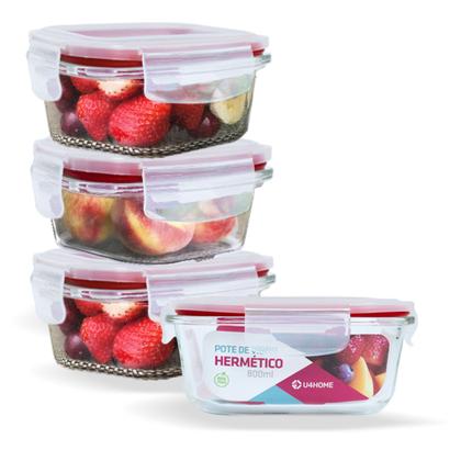 Imagem de Conjunto 4 Pote Vidro Hermético Marmita Tampa Plástico 800ml