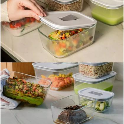 Imagem de Conjunto 4 Potes Transparentes Herméticos 370ml Tampa Marmita Fresh Lock Vidro Organização Cozinha Geladeira Microondas