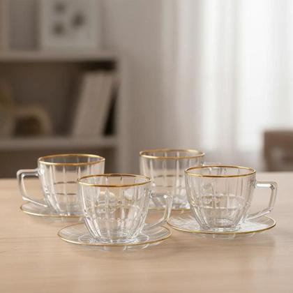 Imagem de Conjunto 4 Xícaras de Café Vidro Cristalle com Pires Borda Dourada 90ml Haukraft
