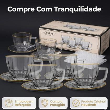 Imagem de Conjunto 4 Xícaras de Café Vidro Cristalle com Pires Borda Dourada 90ml Haukraft