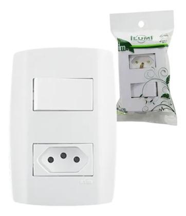 Imagem de CONJUNTO 4x2 COM 1 INTERRUPTOR SIMPLES ILUMI SLIM BRANCO COM PLACA + 1 TOMADA 3 PINOS 10A