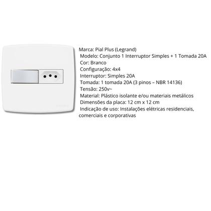 Imagem de Conjunto 4x4 1 Interruptor Simples e 1 Tomada 20A Pial Plus