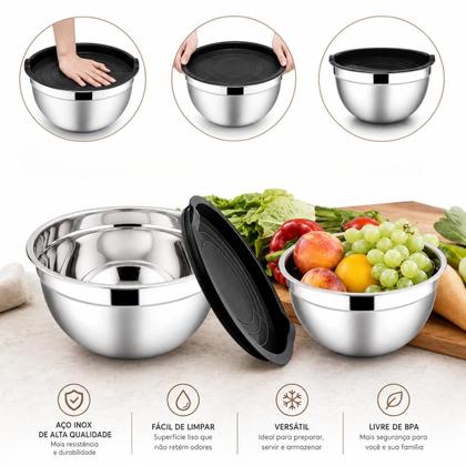 Imagem de Conjunto 5 Bowls Inox Aço com Tampas Pretas Empilháveis para Preparar e Armazenar Alimentos Cozinha