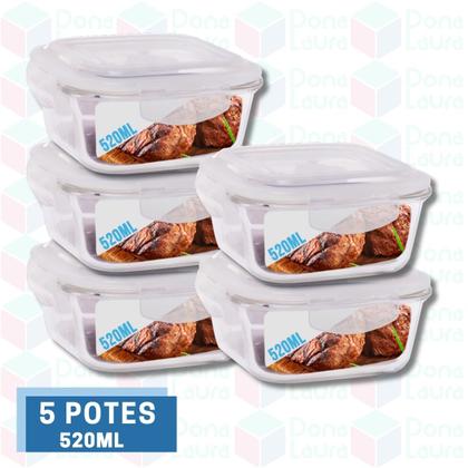 Imagem de Conjunto 5 Pote Vidro Hermético Marmita Tampa 4 travas 520ml