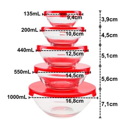Imagem de Conjunto 5 Potes de Vidro Com Tampa Hermético 135ml 200ml 400ml 550ml 1000ml