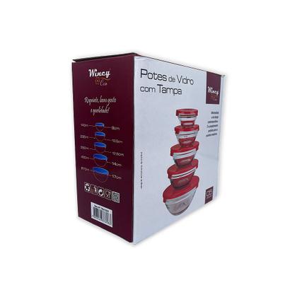 Imagem de Conjunto 5 Potes de Vidro Hermeticos Com Tampa - Vermelho