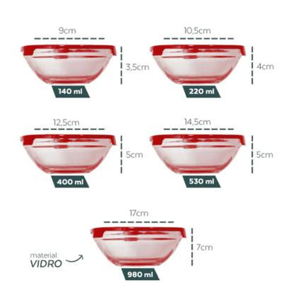 Imagem de Conjunto 5 Potes Vidro Tampa Hermética Marmita Mantimentos Vermelho