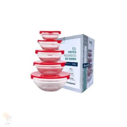 Imagem de Conjunto 5 Potes Vidro Tampa Hermética Marmita Mantimentos Vermelho