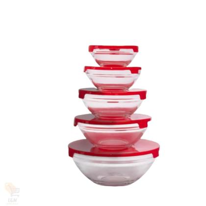 Imagem de Conjunto 5 Potes Vidro Tampa Hermética Marmita Mantimentos Vermelho