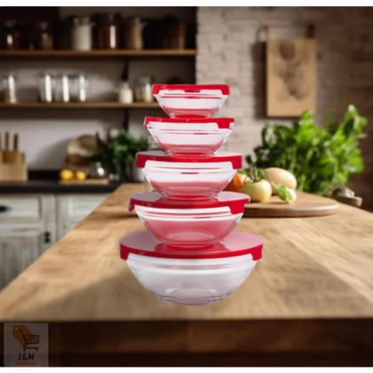 Imagem de Conjunto 5 Potes Vidro Tampa Hermética Marmita Mantimentos Vermelho