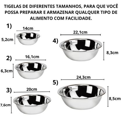 Imagem de Conjunto 5 Tigelas De Inox Vasilha Redonda Bacia Saladeira