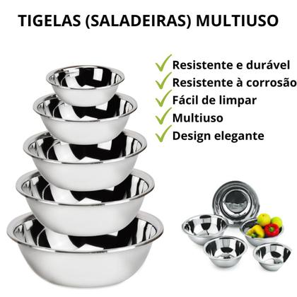 Imagem de Conjunto 5 Tigelas De Inox Vasilha Redonda Bacia Saladeira